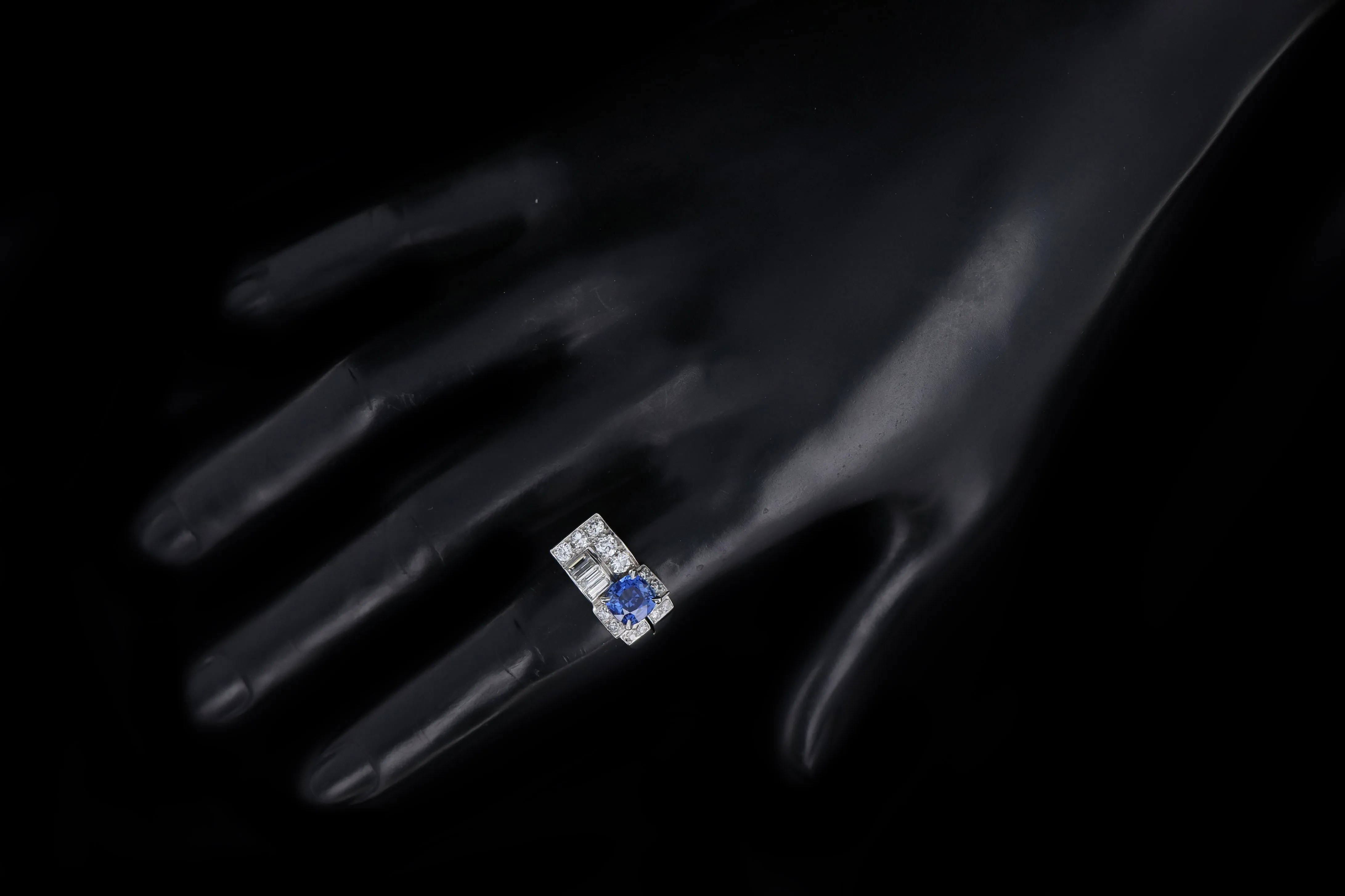 Art Deco Platinum 2.0 Carat Cushion Cut Natural Sapphire & Diamond Ring