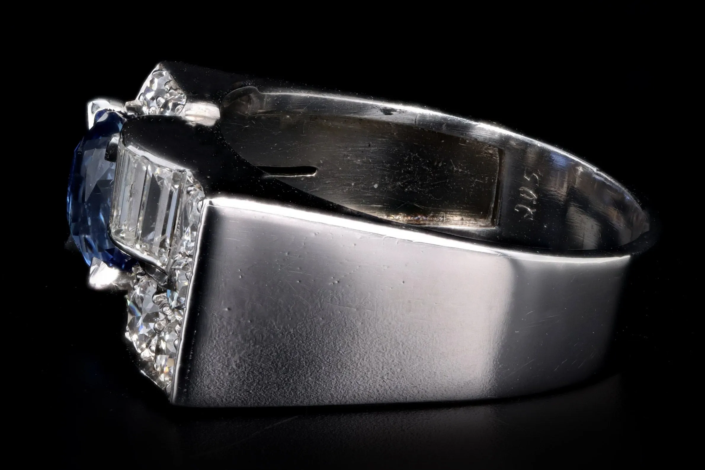 Art Deco Platinum 2.0 Carat Cushion Cut Natural Sapphire & Diamond Ring