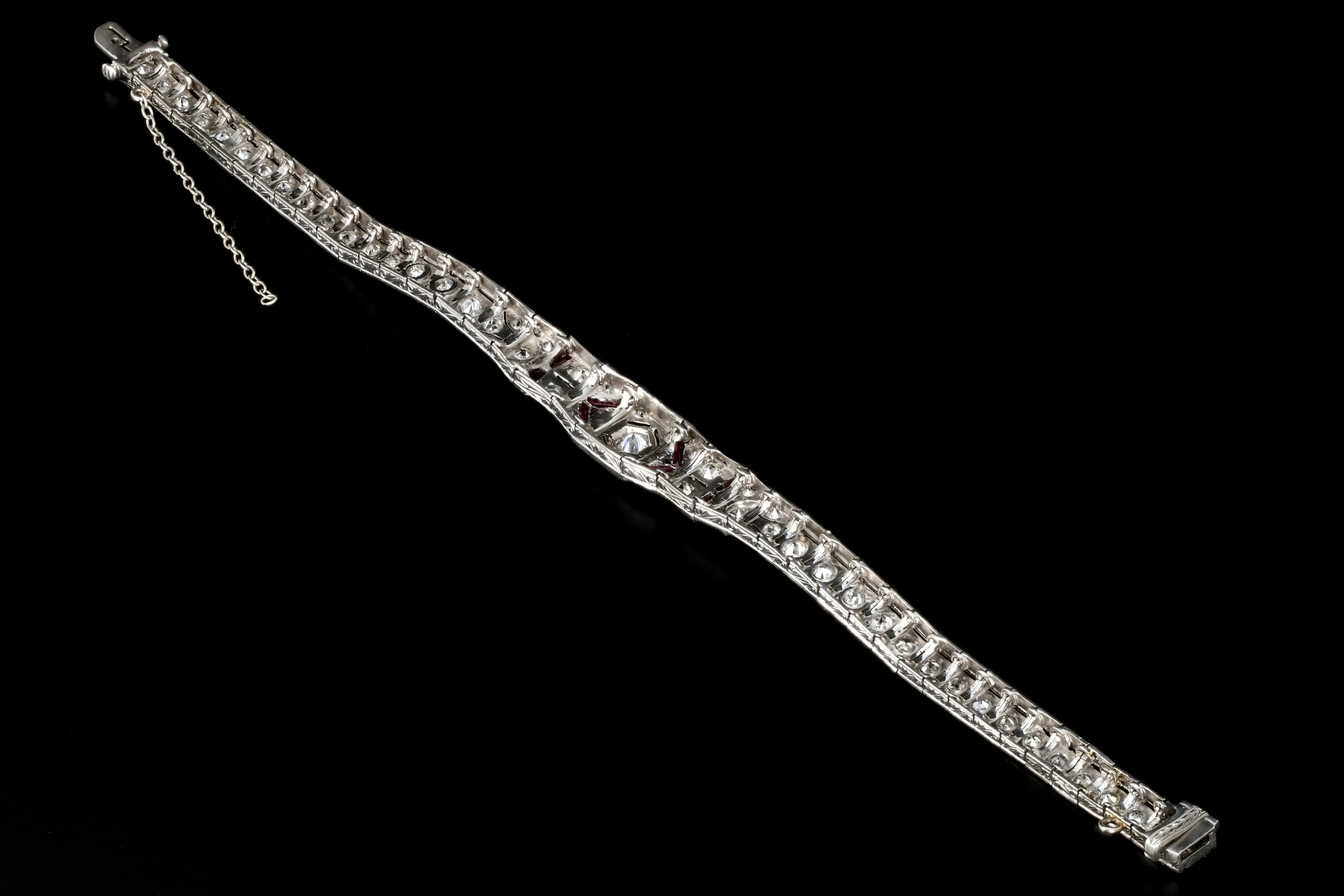 Art Deco Platinum 3 Carat Old European Cut Diamond and Ruby Bracelet