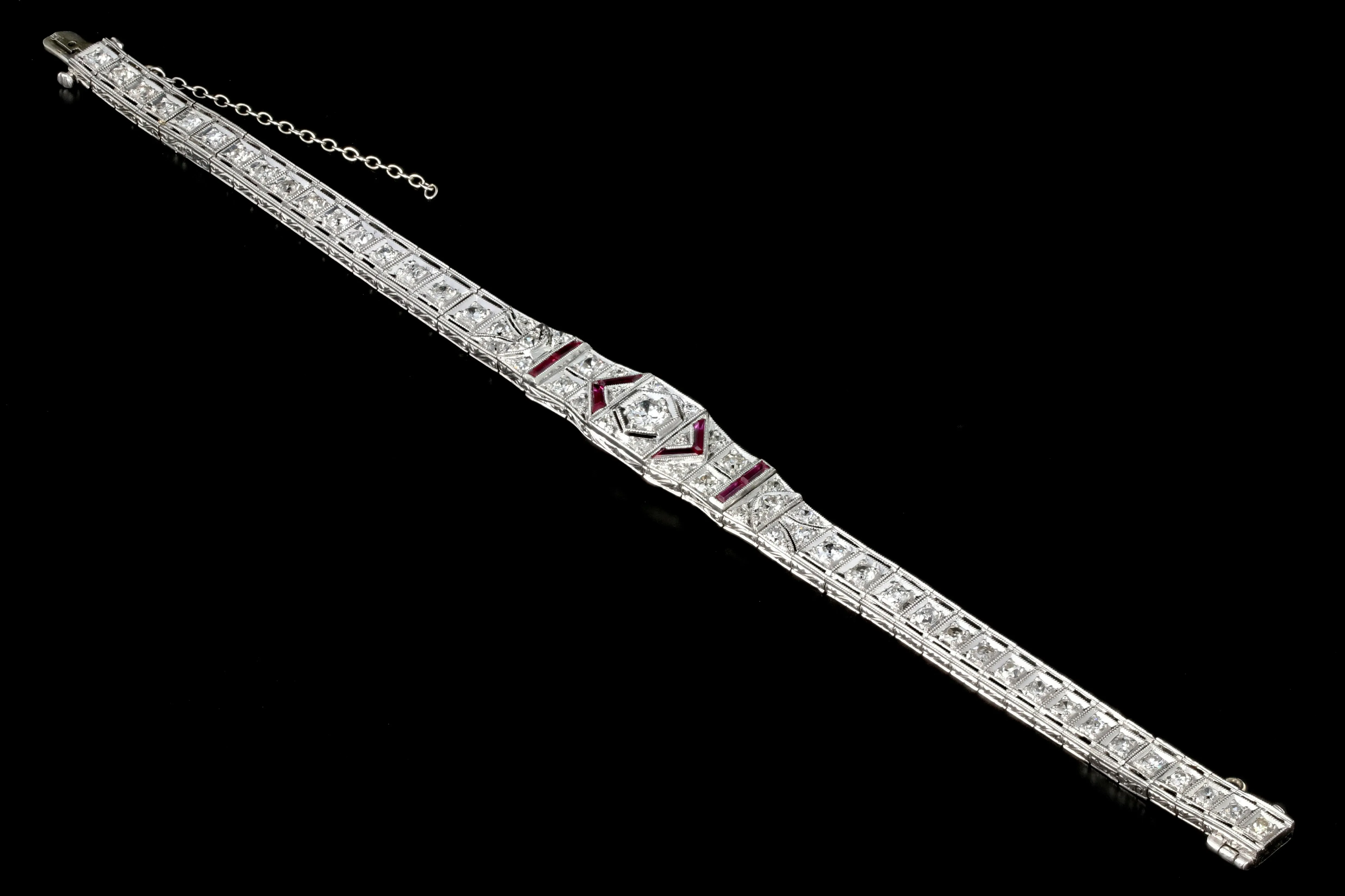 Art Deco Platinum 3 Carat Old European Cut Diamond and Ruby Bracelet
