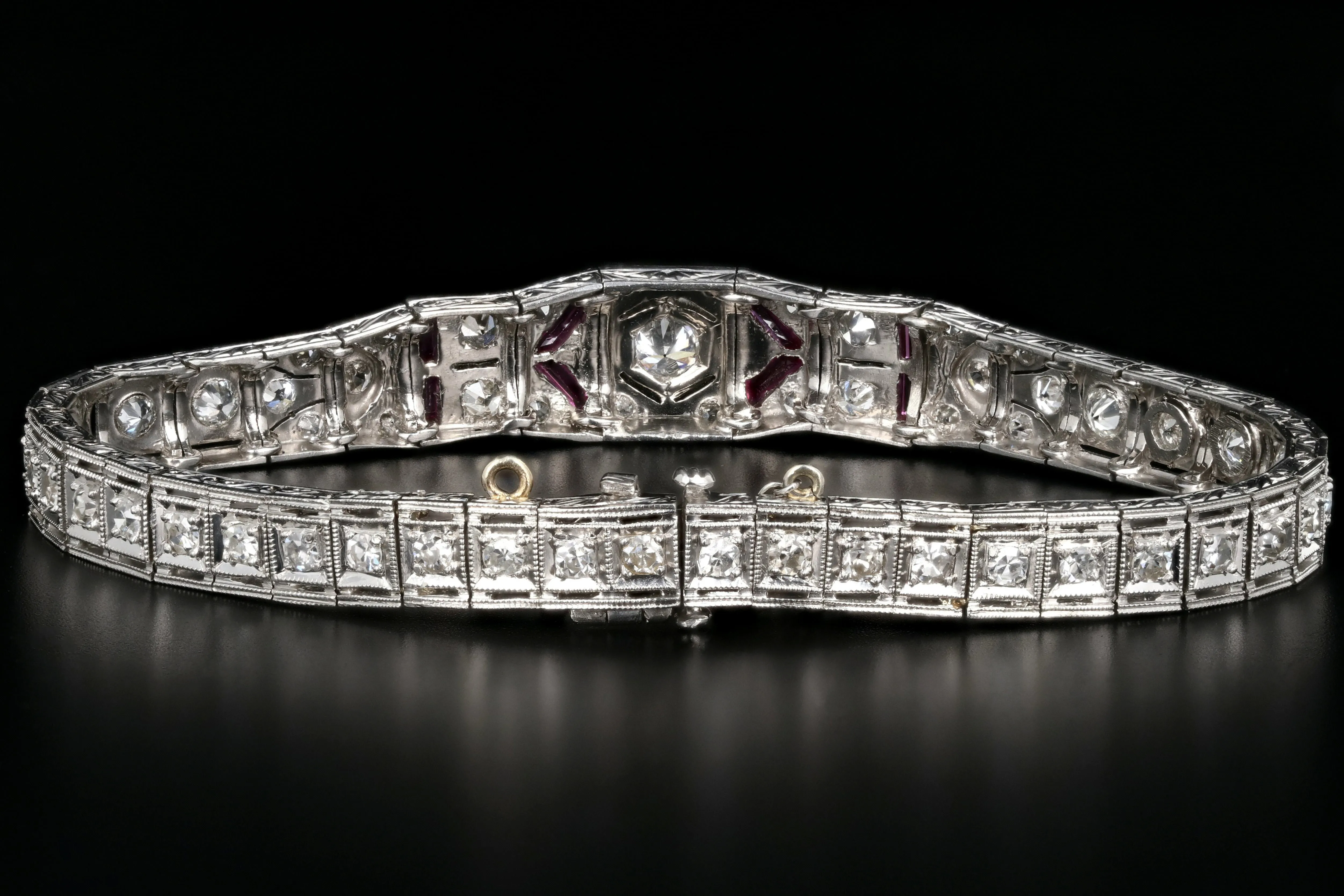 Art Deco Platinum 3 Carat Old European Cut Diamond and Ruby Bracelet