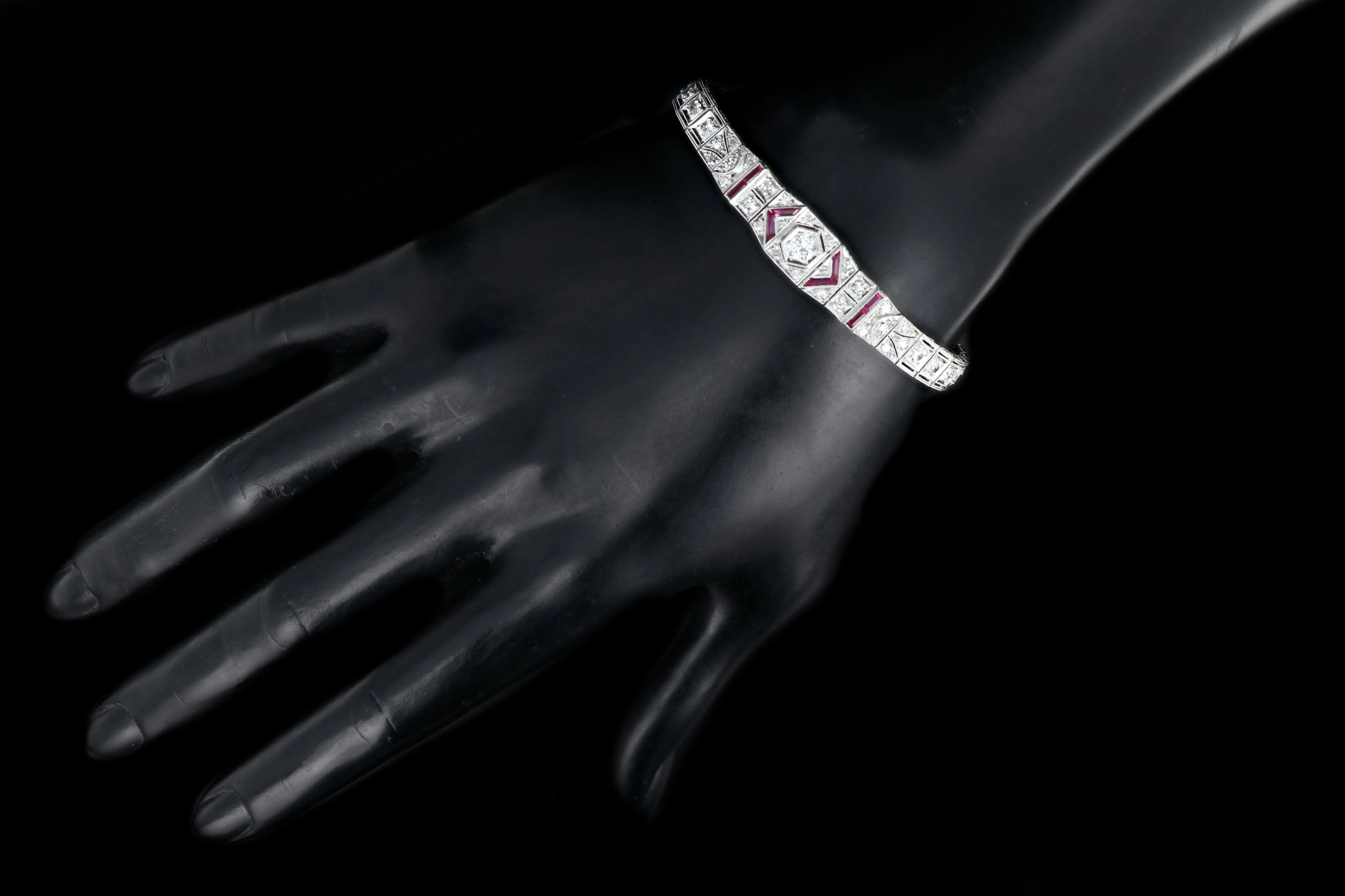 Art Deco Platinum 3 Carat Old European Cut Diamond and Ruby Bracelet