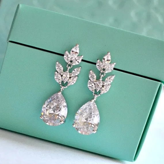 Art Nouveau Marquise Leaf Bridal Earrings, Crystal Leaf Teardrop Earrings, Dangle Drop Earrings, Wedding Bridal Jewelry, Bridesmaid Earrings