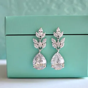Art Nouveau Marquise Leaf Bridal Earrings, Crystal Leaf Teardrop Earrings, Dangle Drop Earrings, Wedding Bridal Jewelry, Bridesmaid Earrings