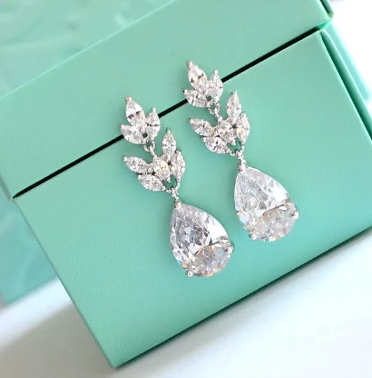 Art Nouveau Marquise Leaf Bridal Earrings, Crystal Leaf Teardrop Earrings, Dangle Drop Earrings, Wedding Bridal Jewelry, Bridesmaid Earrings