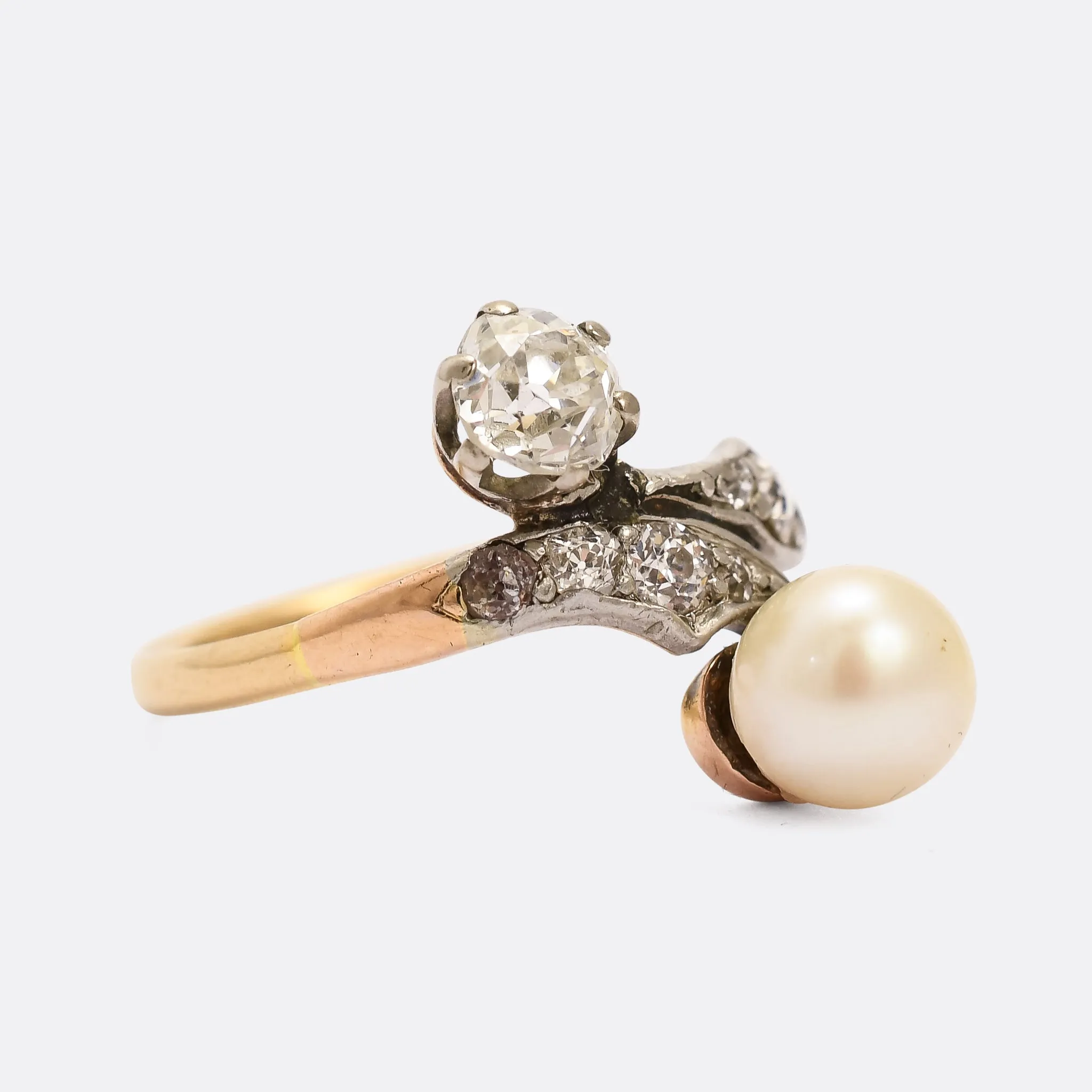Art Nouveau Pearl & Diamond 'Toi et Moi' Ring