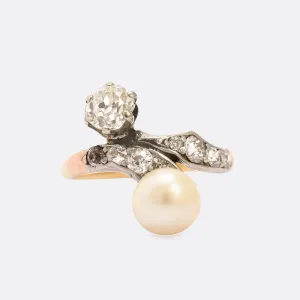 Art Nouveau Pearl & Diamond 'Toi et Moi' Ring