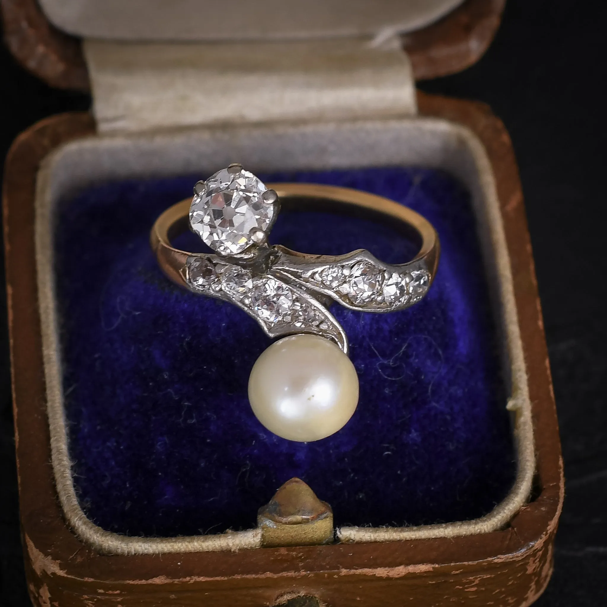 Art Nouveau Pearl & Diamond 'Toi et Moi' Ring