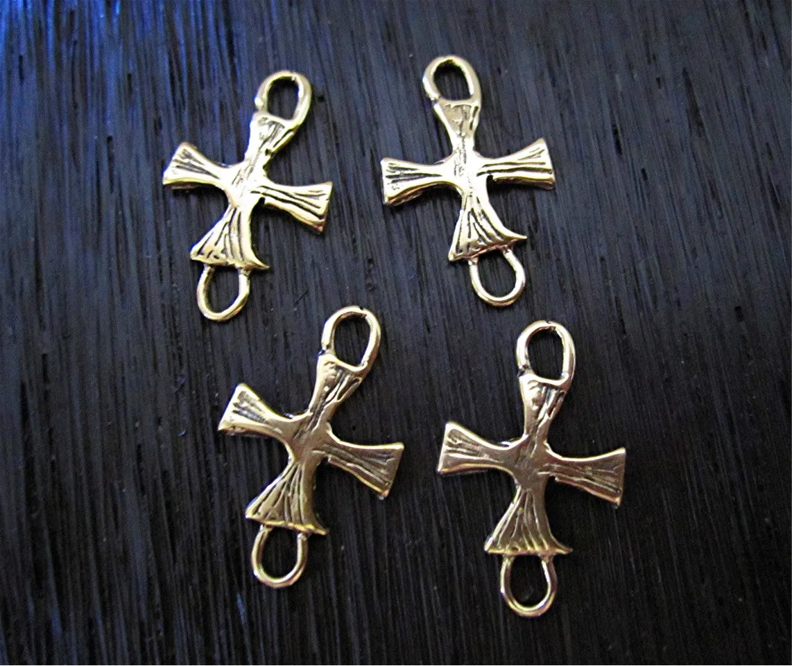 Artisan Textured Cross Jewelry Links in Gold Bronze (set of 4)