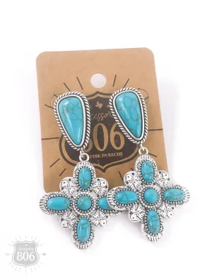 Aztec Four-Point Cross on Turquoise Teardrop Post Earrings