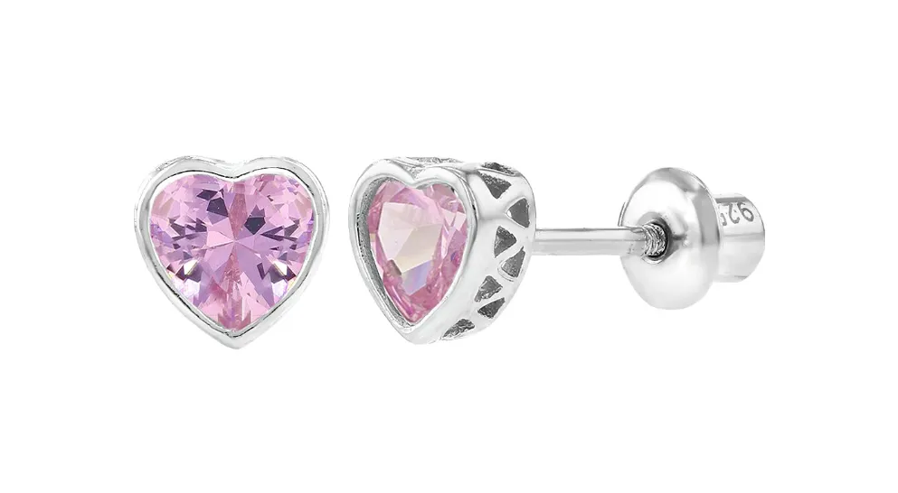 Baby and Children's Earrings:  Sterling Silver Bezel Set Clear CZ Hearts with Screw Backs