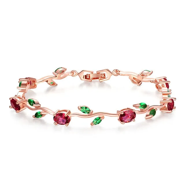 BAMOER  Rose Gold Color Leaf Chain & Link Bracelet with Red   Green AAA Zircon for Mother Gifts Jewelry JIB072