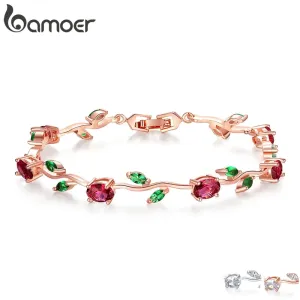 BAMOER  Rose Gold Color Leaf Chain & Link Bracelet with Red   Green AAA Zircon for Mother Gifts Jewelry JIB072