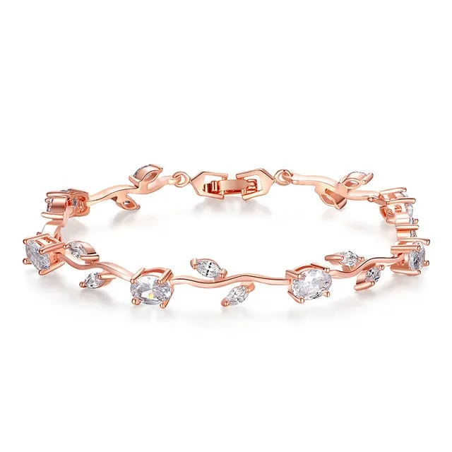 BAMOER  Rose Gold Color Leaf Chain & Link Bracelet with Red   Green AAA Zircon for Mother Gifts Jewelry JIB072