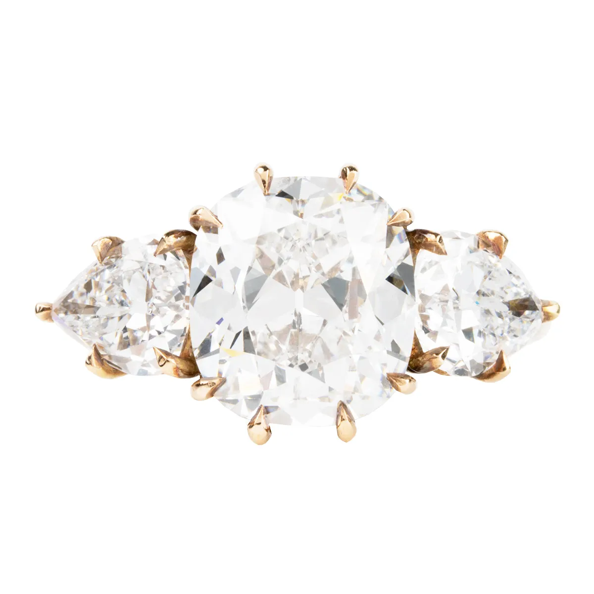 Bell & Bird Three Stone Old Mine Cut and Pear Shaped Diamond Ring