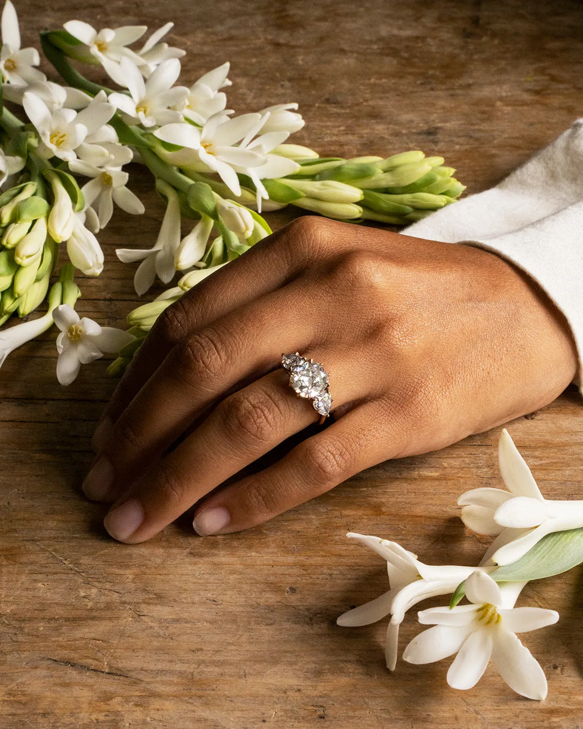 Bell & Bird Three Stone Old Mine Cut and Pear Shaped Diamond Ring
