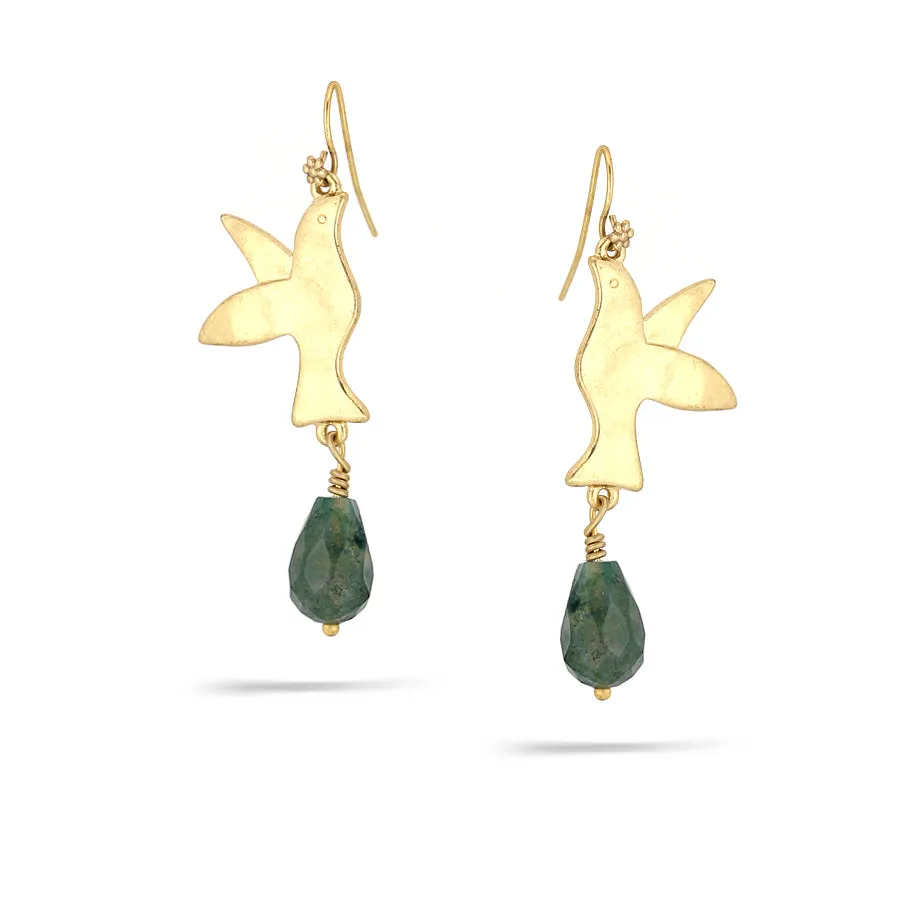 BIRD GREEN STONE TEARDROP  EARRINGS #191GN3501 (2D6)
