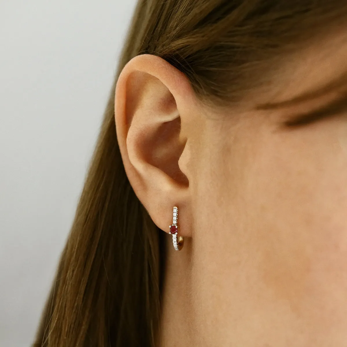 Bithstone Collection Ruby and 0.10ct Diamond Huggie Earring | 9K Yellow Gold