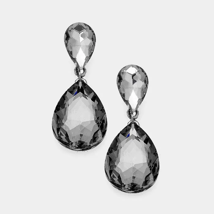 Black Diamond Colored Crystal Double Teardrop Earrings