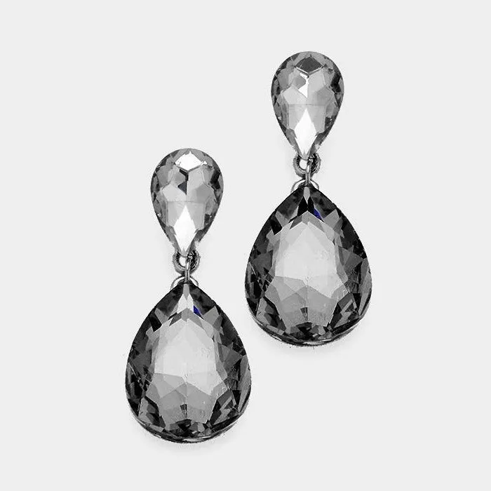 Black Diamond Colored Crystal Double Teardrop Earrings
