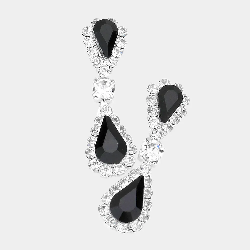 Black Double Teardrop Rhinestone Accented Small Pageant Earrings | Little Girl Earrings | 565461