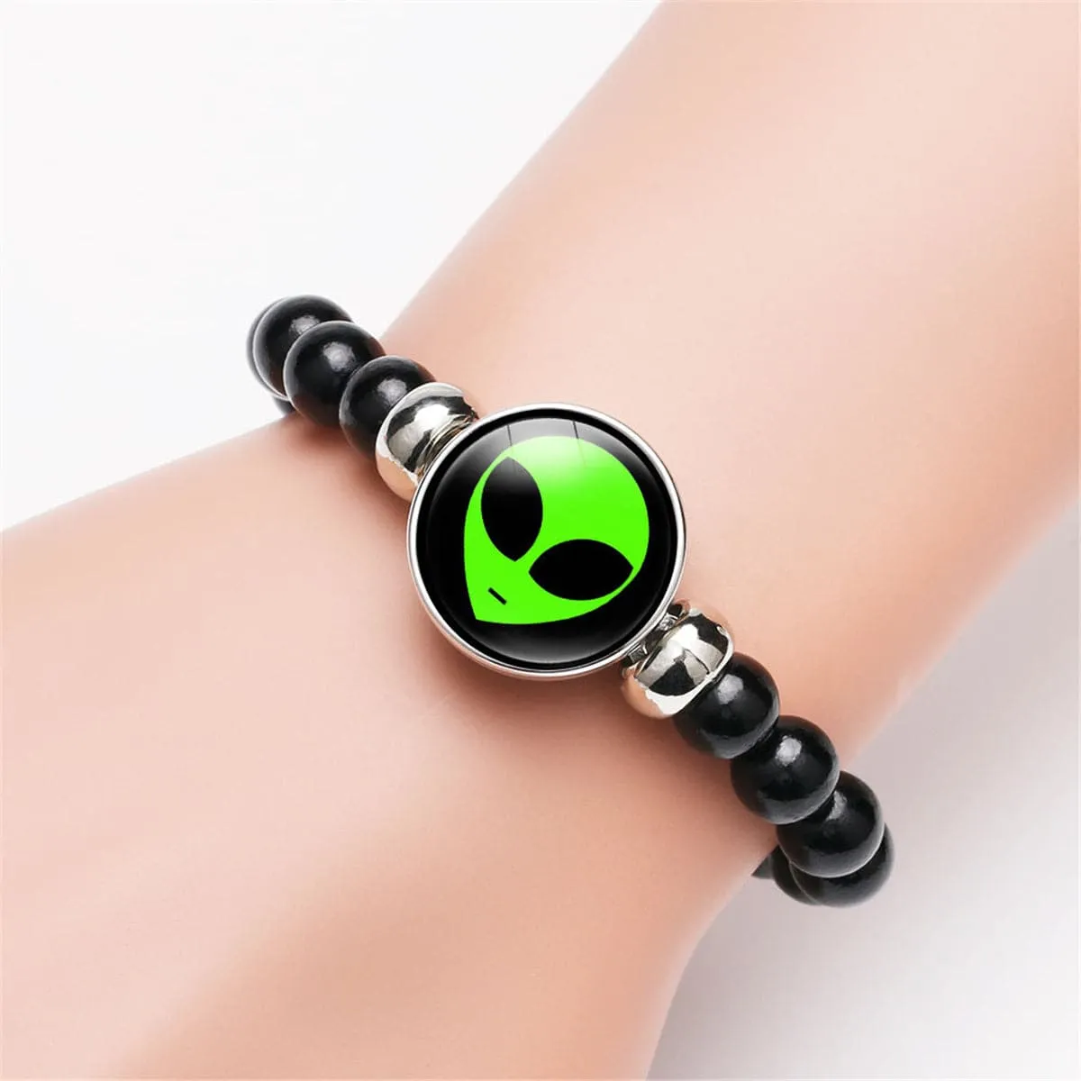 Black Resin & Silver-Plated Green Alien Beaded Stretch Bracelet