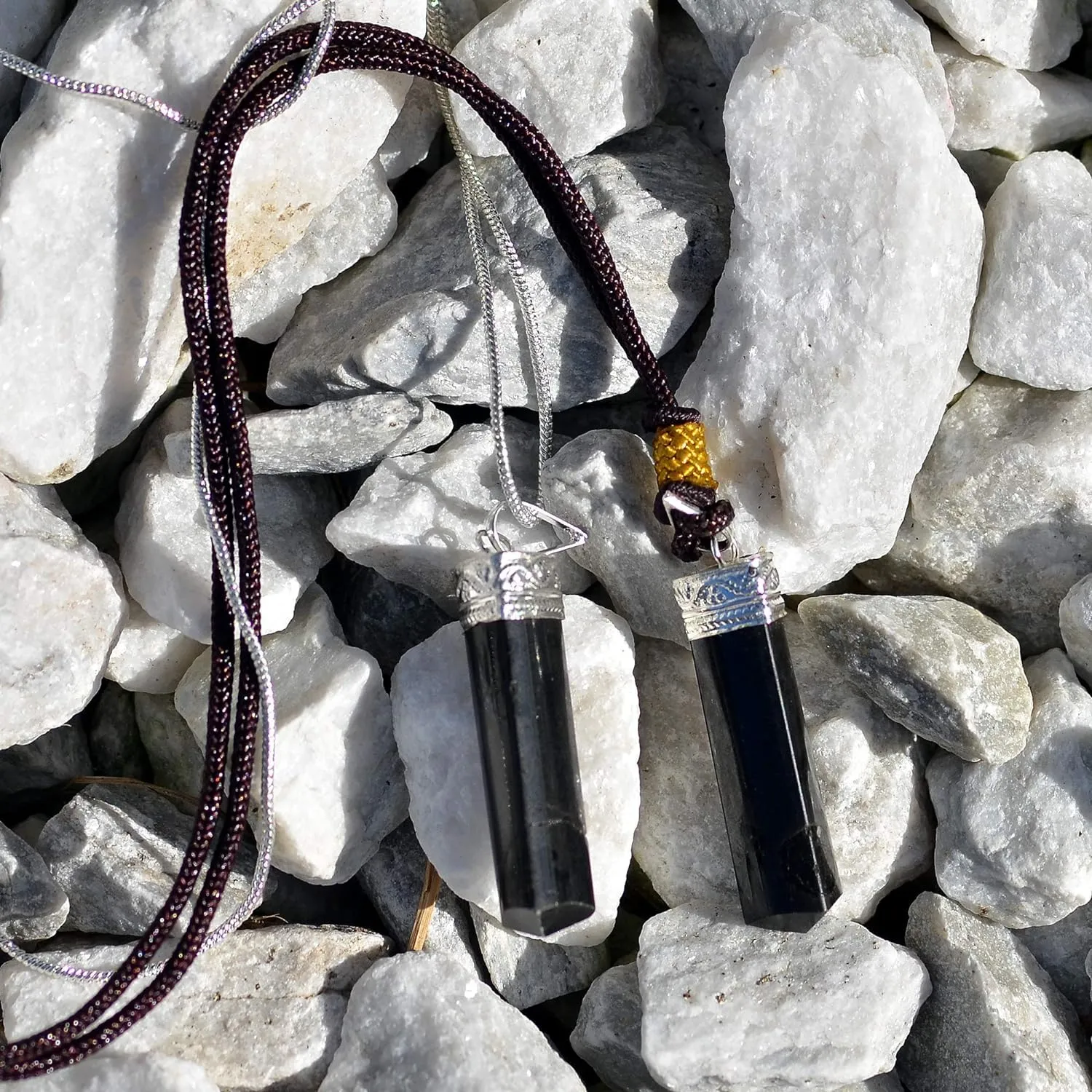 Black Tourmaline Pendant Crystal Healing Necklace for Him and Her (2pk)– Root Chakra Protection, Negative Energy Cleanser, Natural Stress Aid – Authentic Charm Stones on Silver Plated Chain and Cord