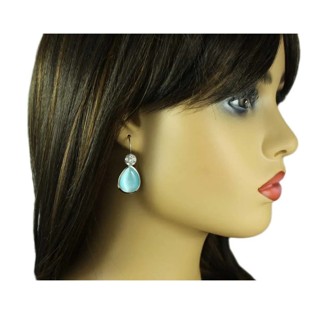 Blue Cats Eye Teardrop with Clear Crystals Pierced Earring - REC021
