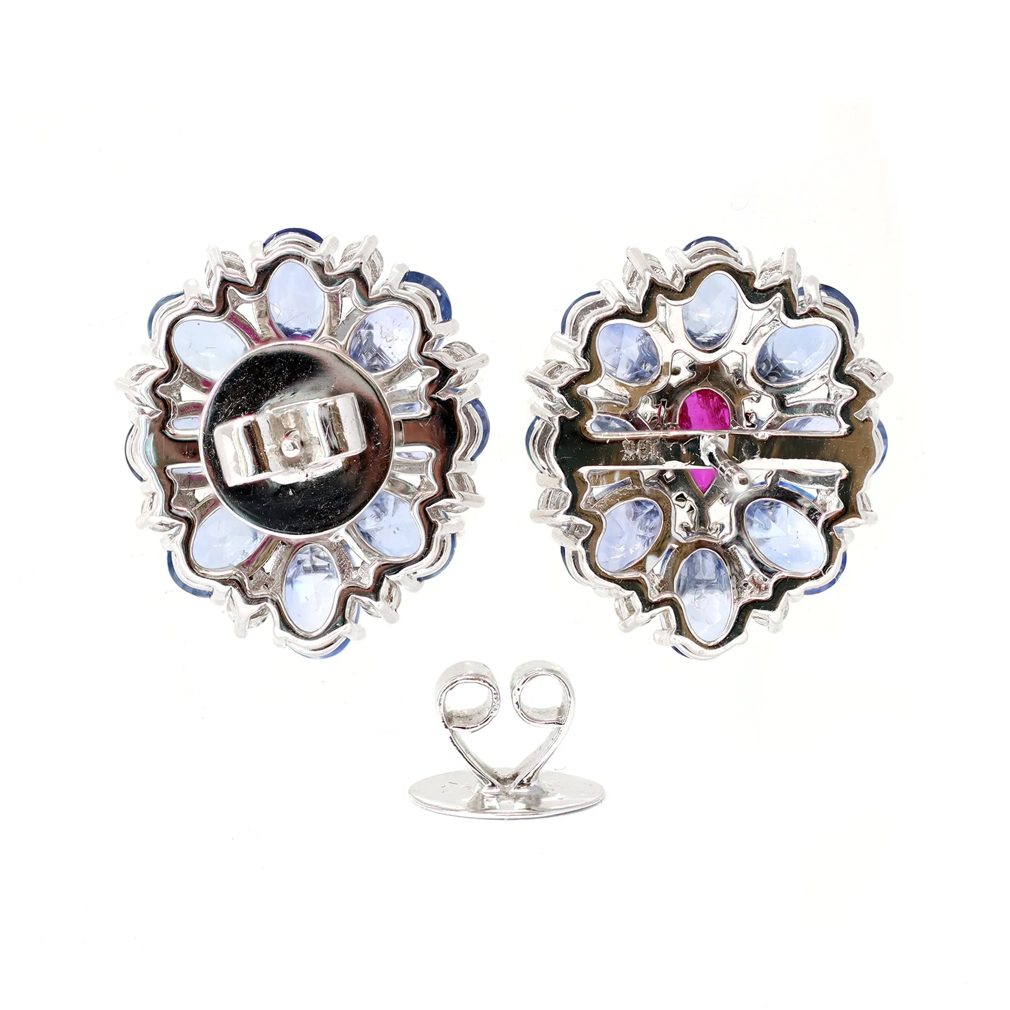 Blue Sapphire, Ruby and Diamond Cluster Earrings Set in 18 Karat Gold