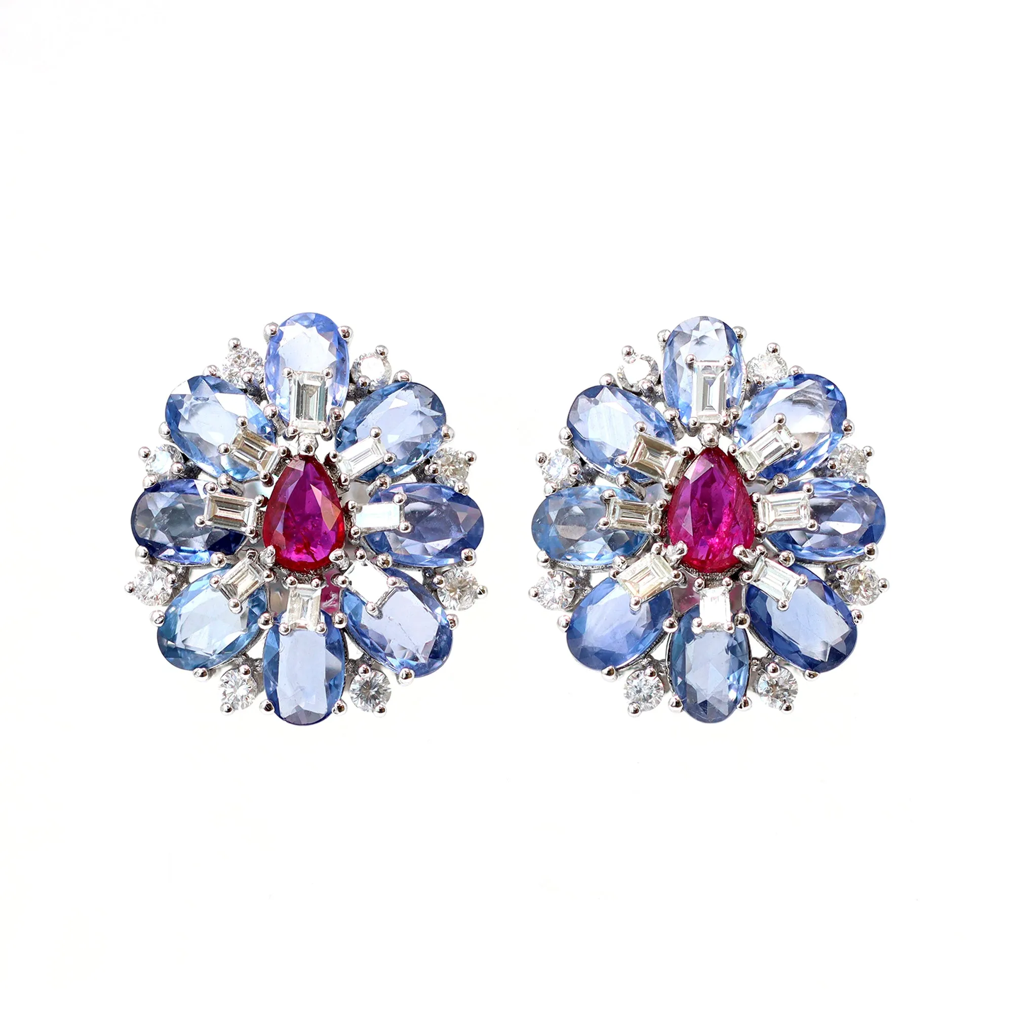 Blue Sapphire, Ruby and Diamond Cluster Earrings Set in 18 Karat Gold