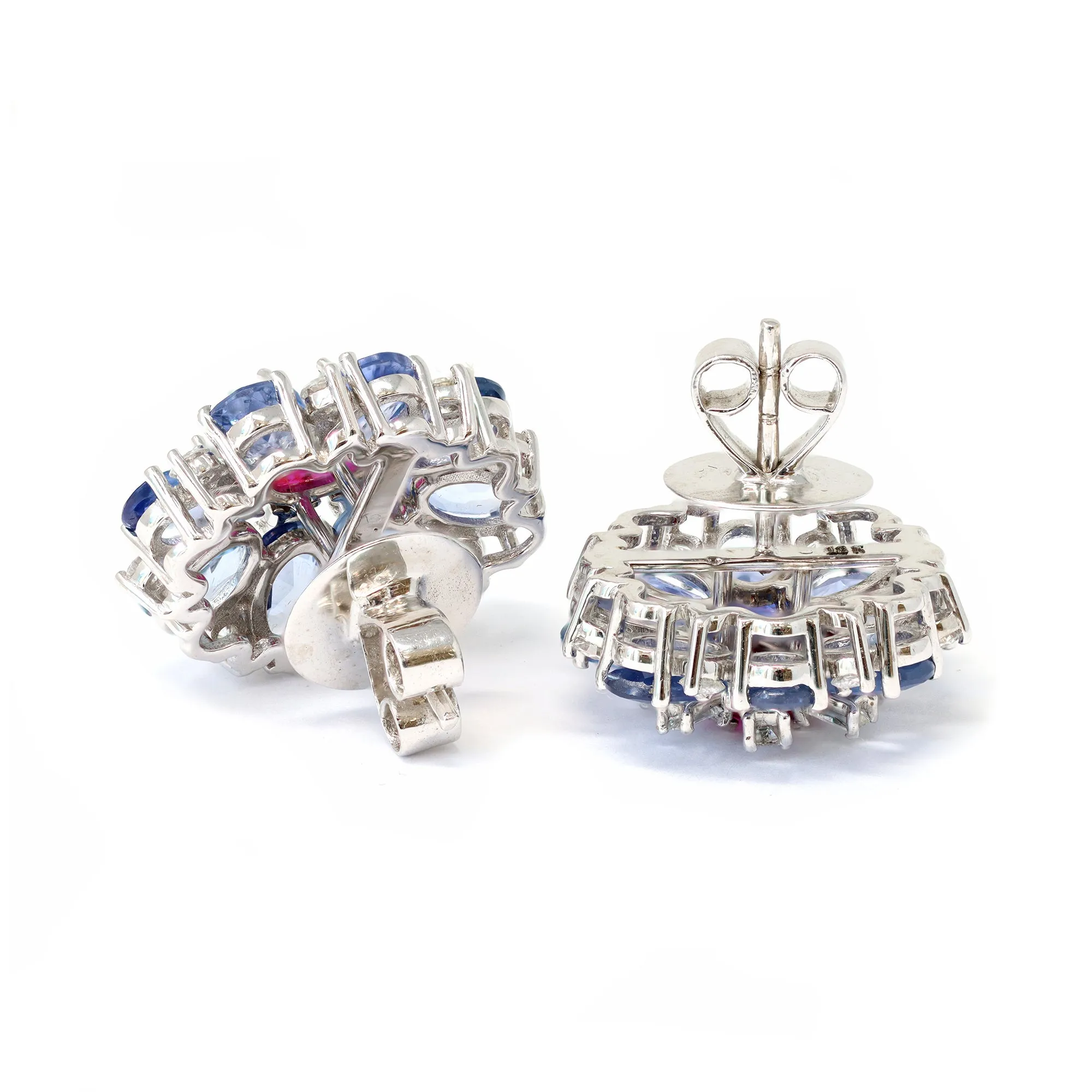 Blue Sapphire, Ruby and Diamond Cluster Earrings Set in 18 Karat Gold