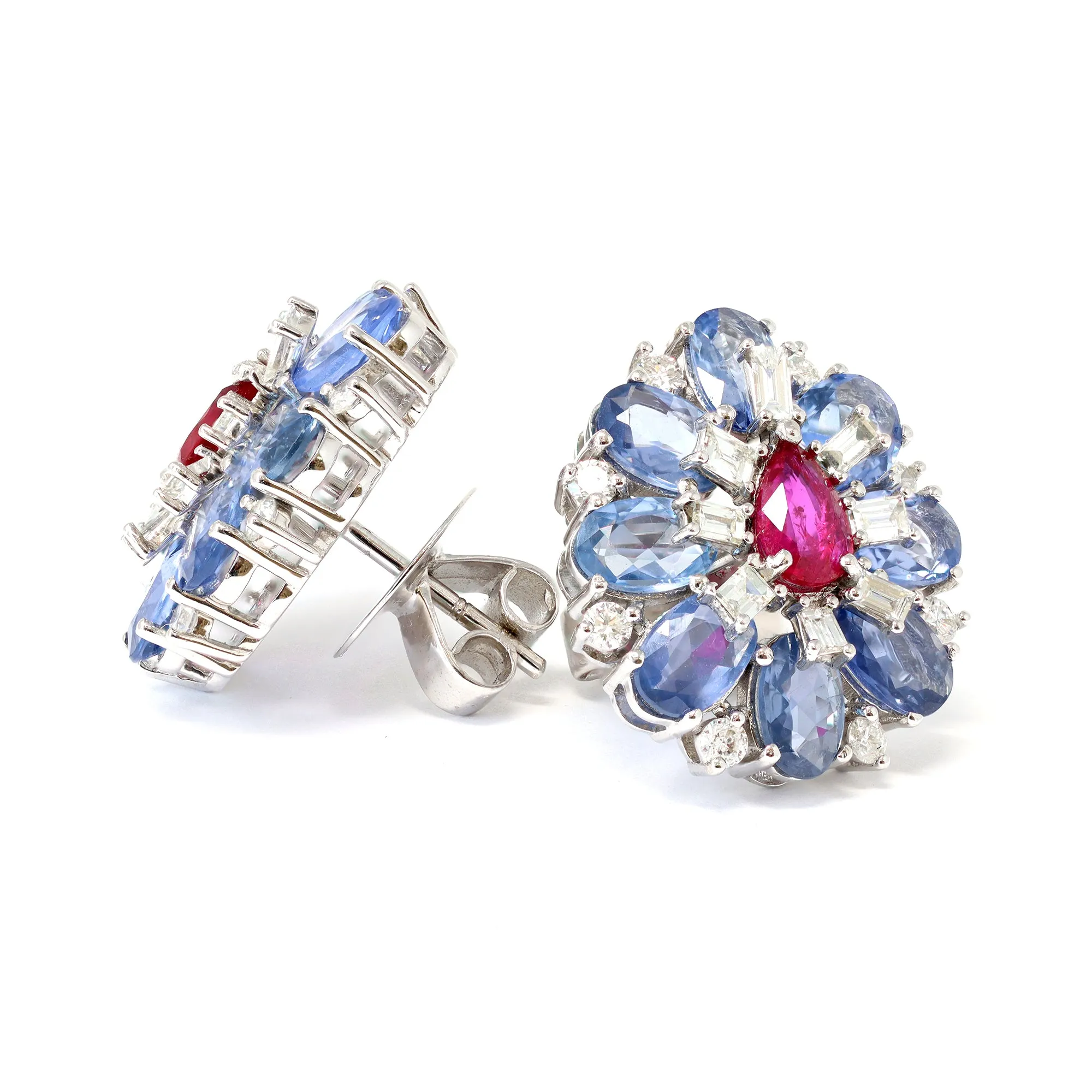 Blue Sapphire, Ruby and Diamond Cluster Earrings Set in 18 Karat Gold