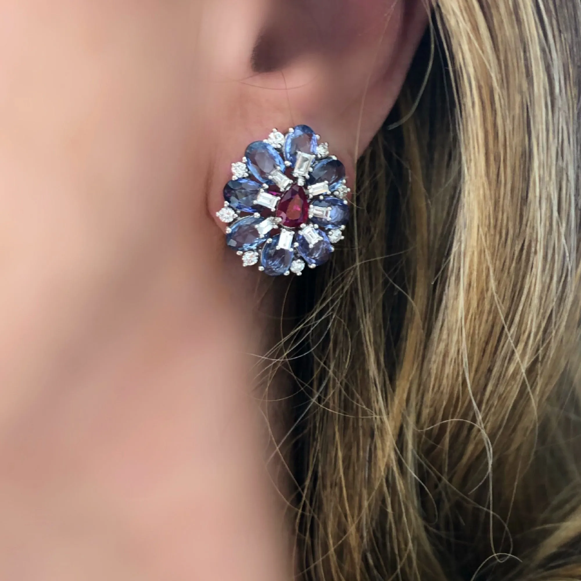 Blue Sapphire, Ruby and Diamond Cluster Earrings Set in 18 Karat Gold