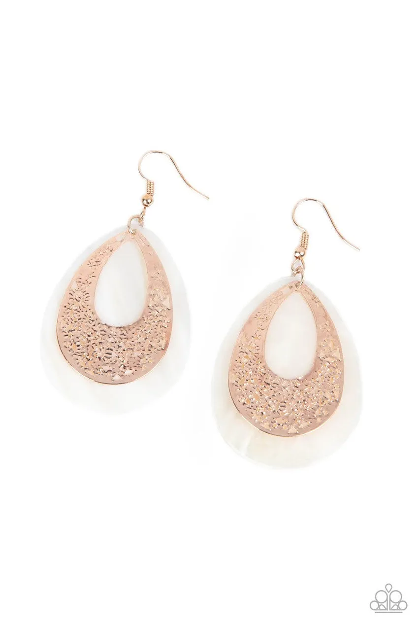 Bountiful Beaches - Rose Gold - White Seashell Hammered Silver Teardrop Paparazzi Fishhook Earrings