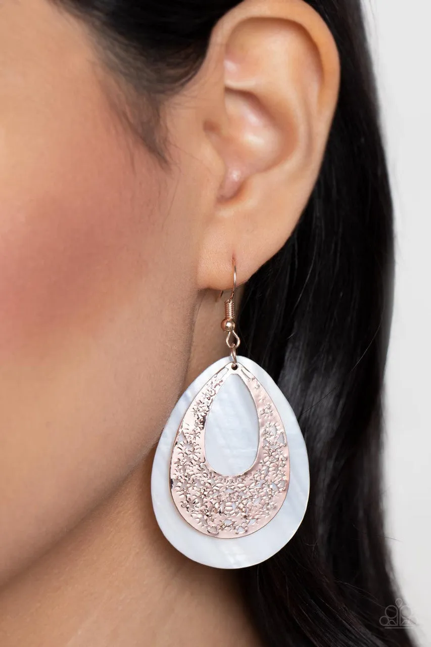 Bountiful Beaches - Rose Gold - White Seashell Hammered Silver Teardrop Paparazzi Fishhook Earrings