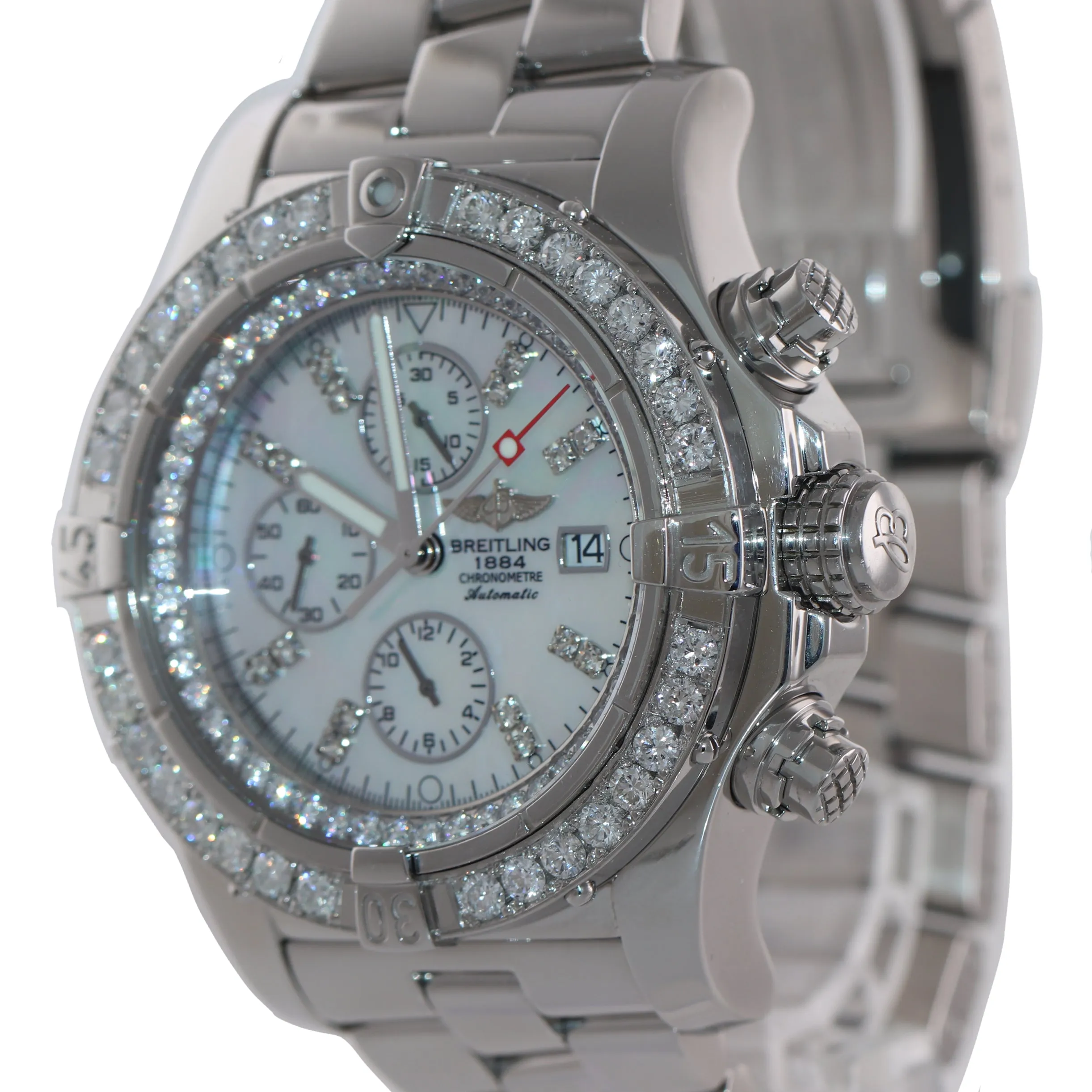 Breitling Super Avenger Chronograph MOP Diamond A13370 Steel 48mm Date Watch