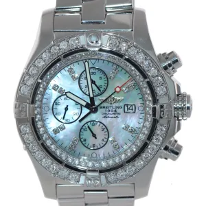Breitling Super Avenger Chronograph MOP Diamond A13370 Steel 48mm Date Watch