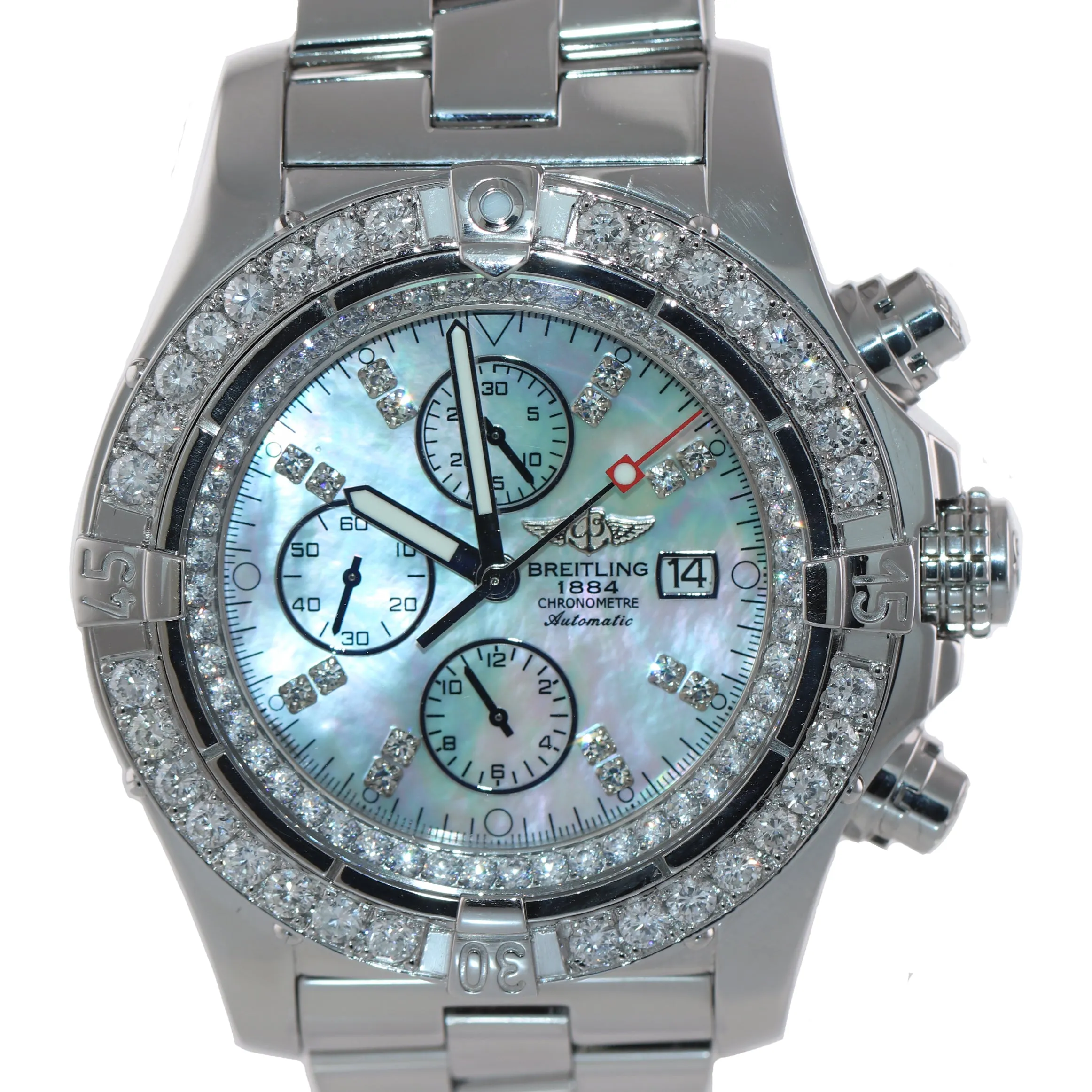 Breitling Super Avenger Chronograph MOP Diamond A13370 Steel 48mm Date Watch