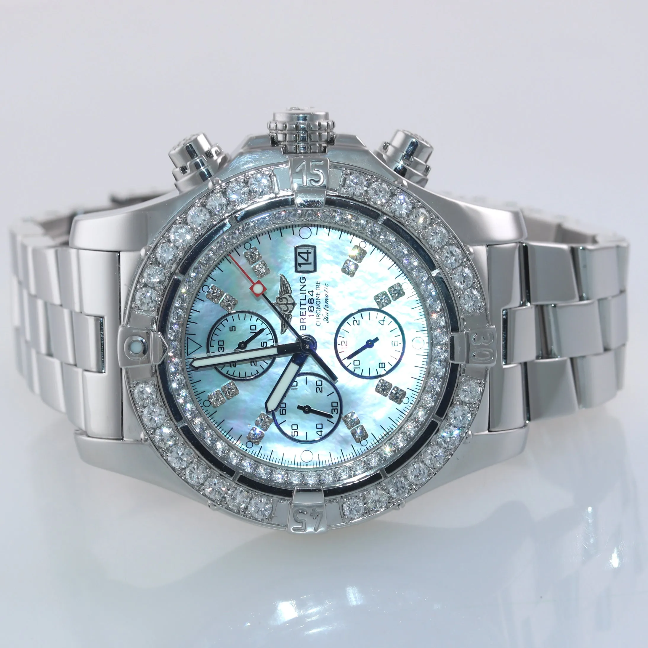 Breitling Super Avenger Chronograph MOP Diamond A13370 Steel 48mm Date Watch