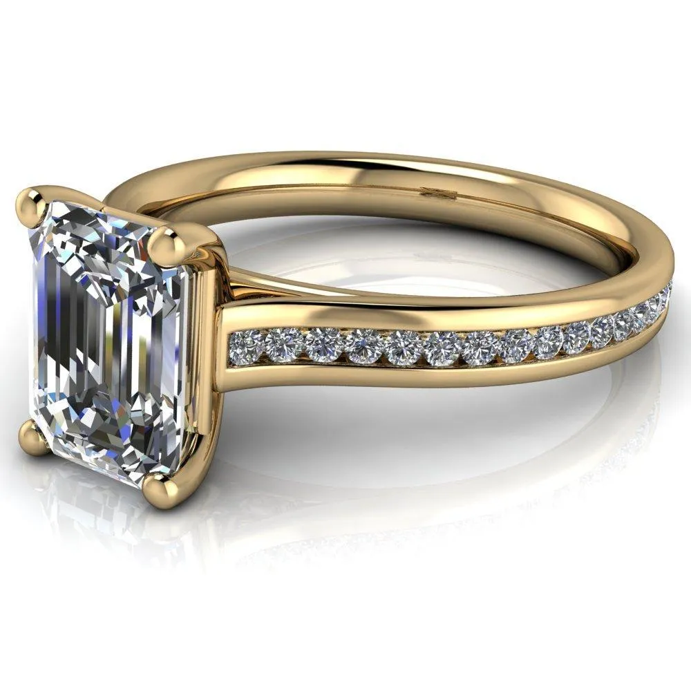 Brigitte Emerald Center Stone Diamond Channel 4 Prong Cathedral Ring