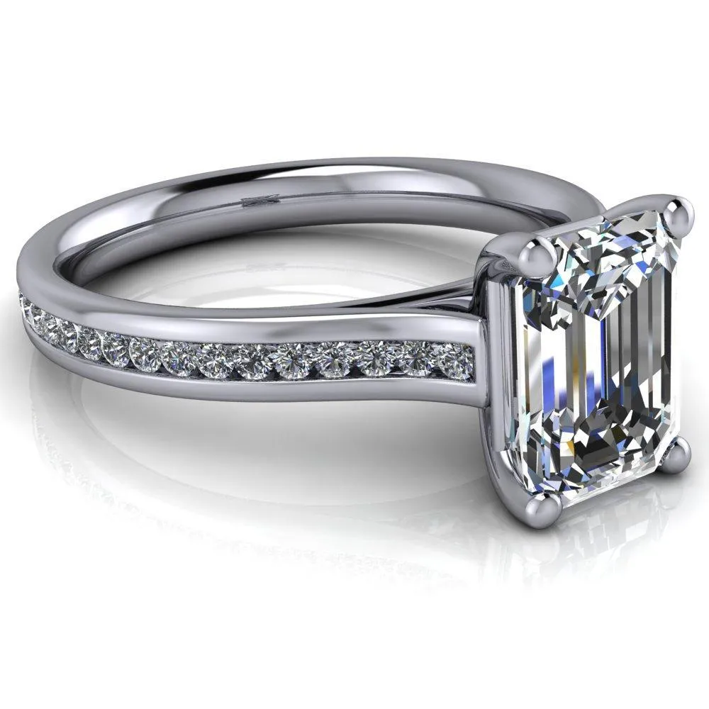 Brigitte Emerald Center Stone Diamond Channel 4 Prong Cathedral Ring