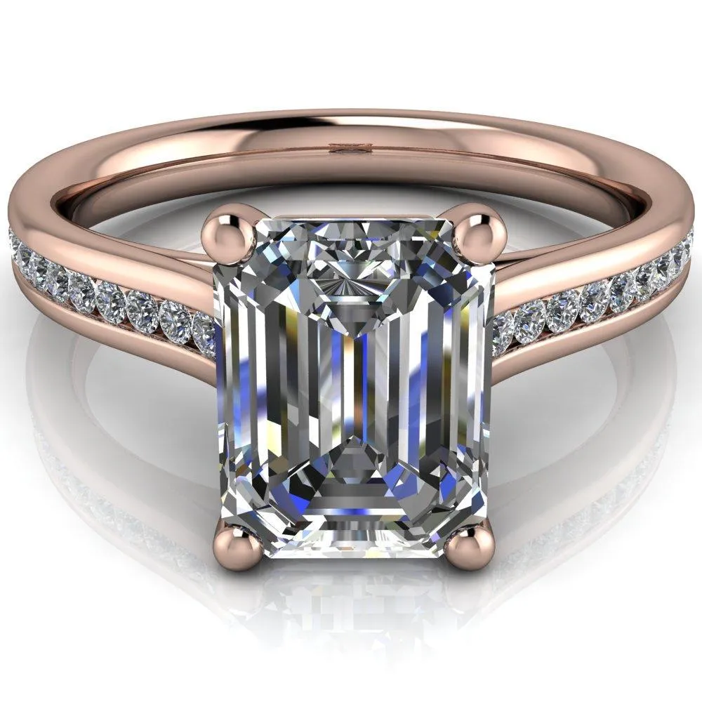 Brigitte Emerald Center Stone Diamond Channel 4 Prong Cathedral Ring