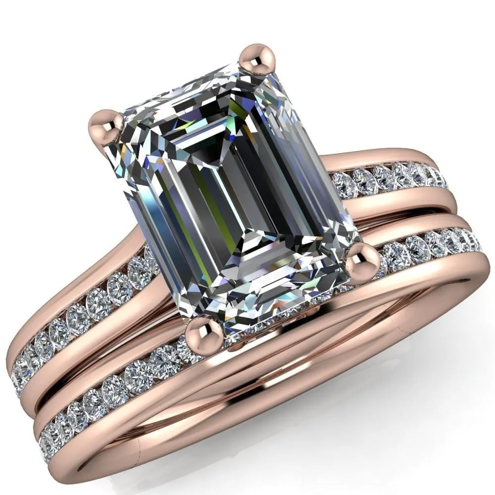 Brigitte Emerald Center Stone Diamond Channel 4 Prong Cathedral Ring