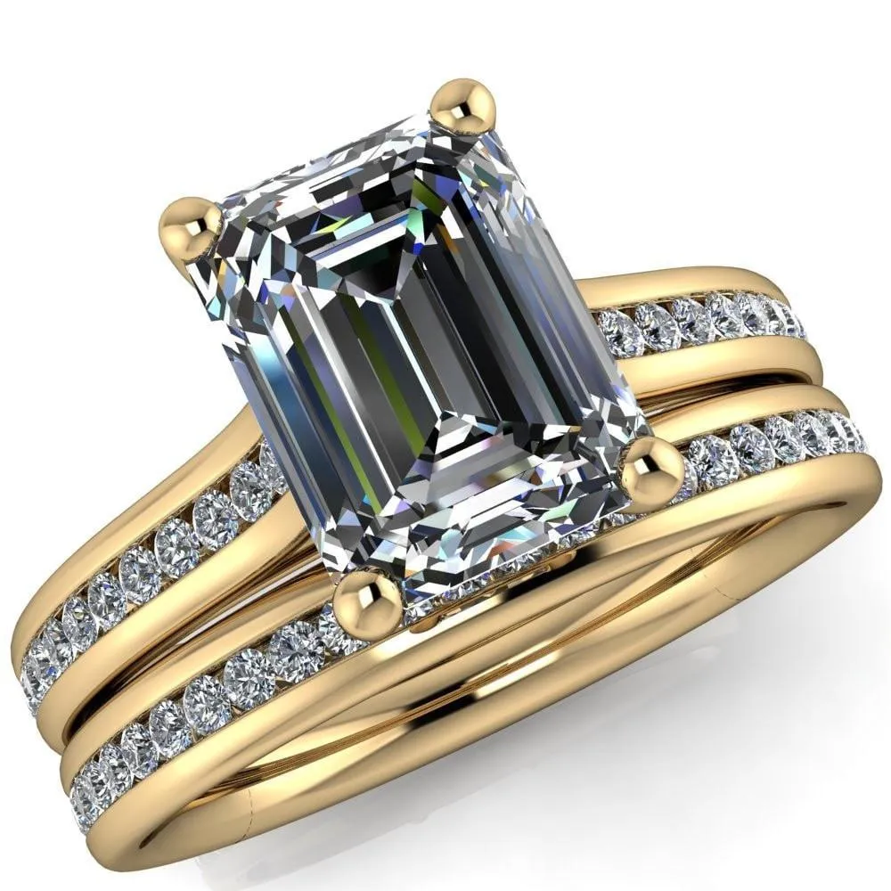 Brigitte Emerald Center Stone Diamond Channel 4 Prong Cathedral Ring