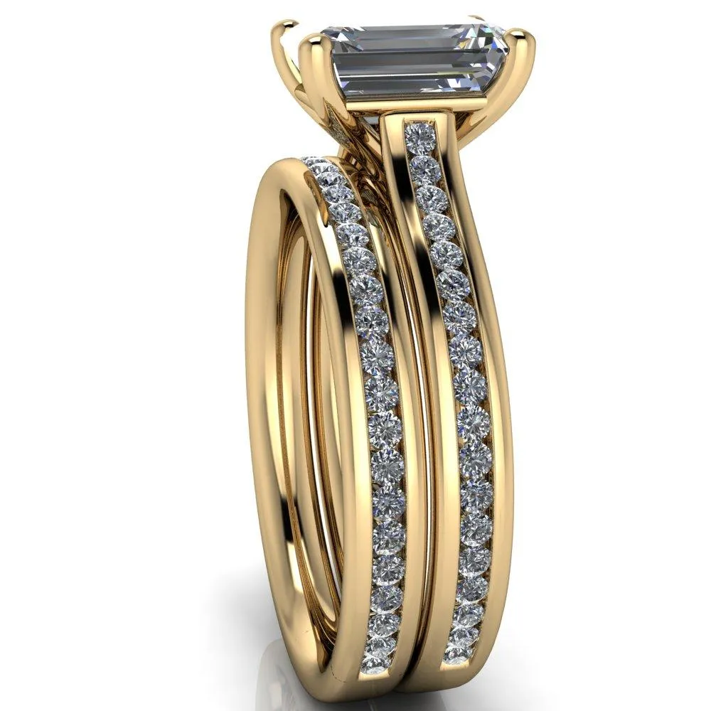 Brigitte Emerald Center Stone Diamond Channel 4 Prong Cathedral Ring