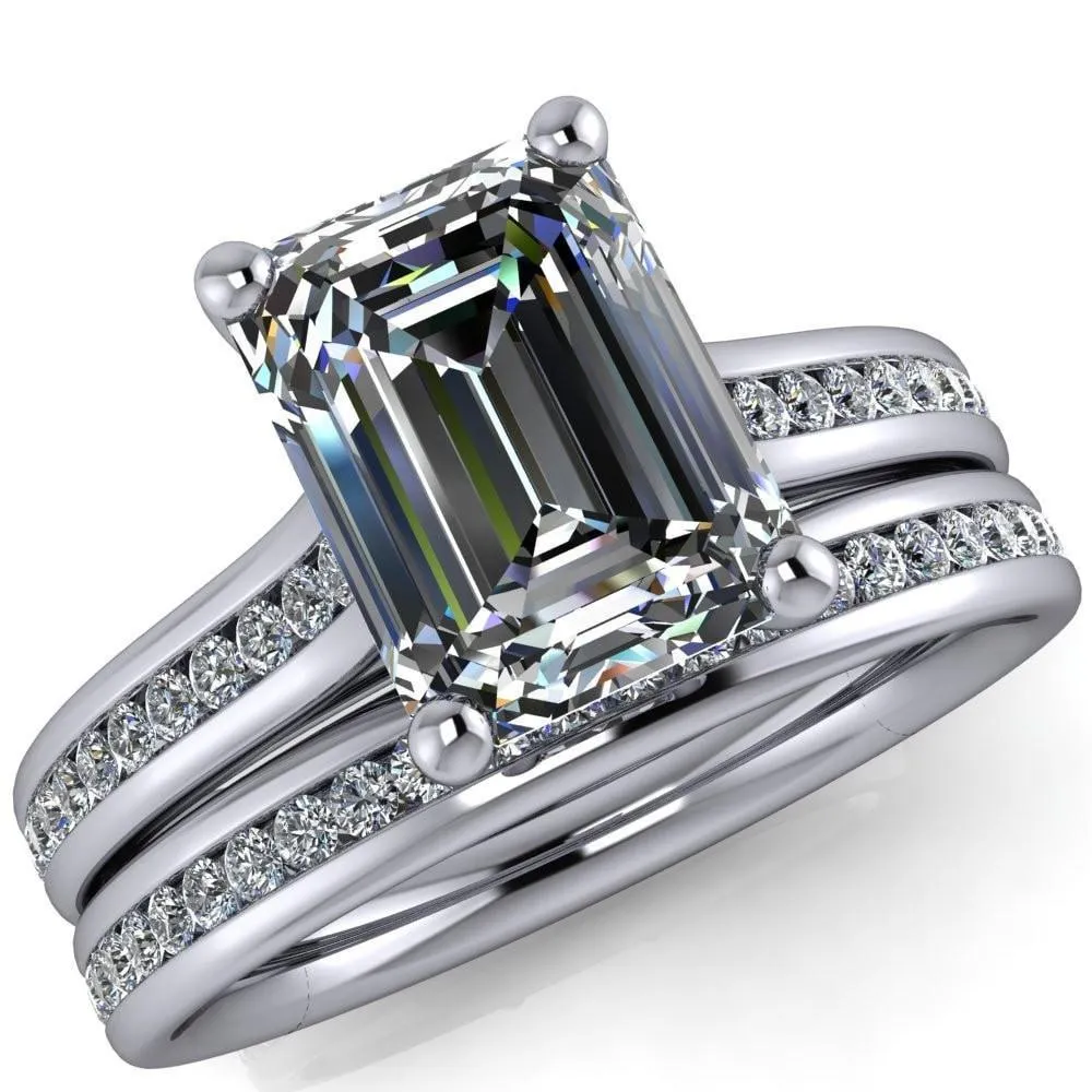 Brigitte Emerald Center Stone Diamond Channel 4 Prong Cathedral Ring