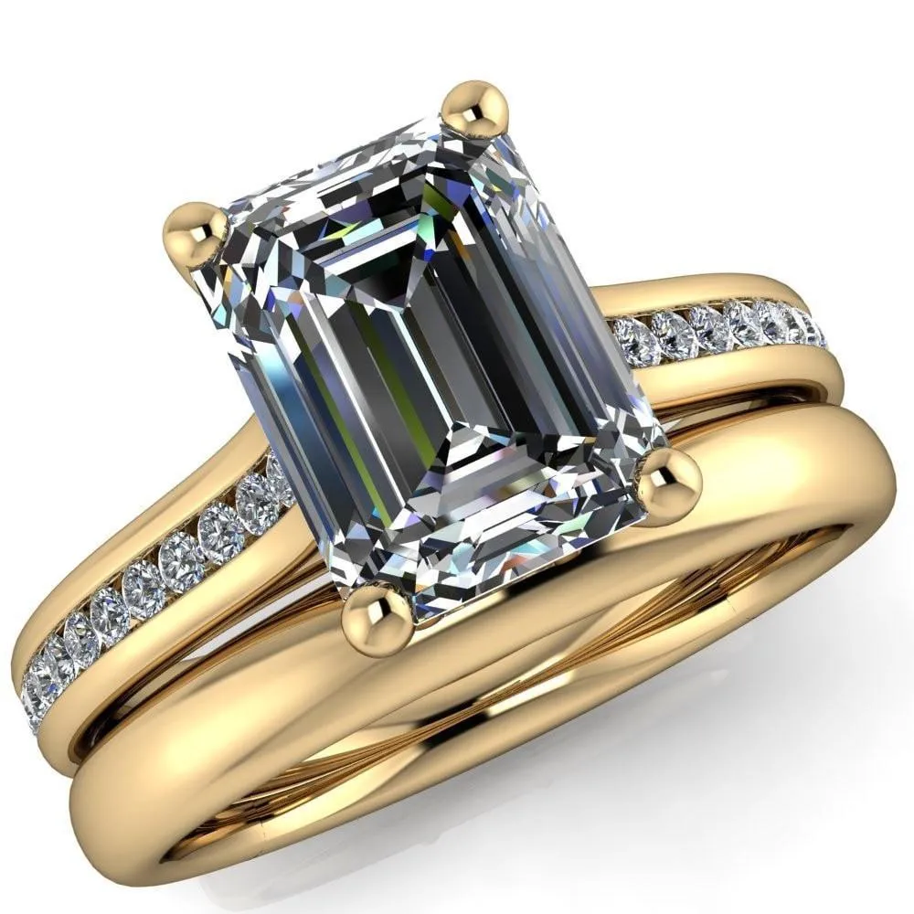 Brigitte Emerald Center Stone Diamond Channel 4 Prong Cathedral Ring
