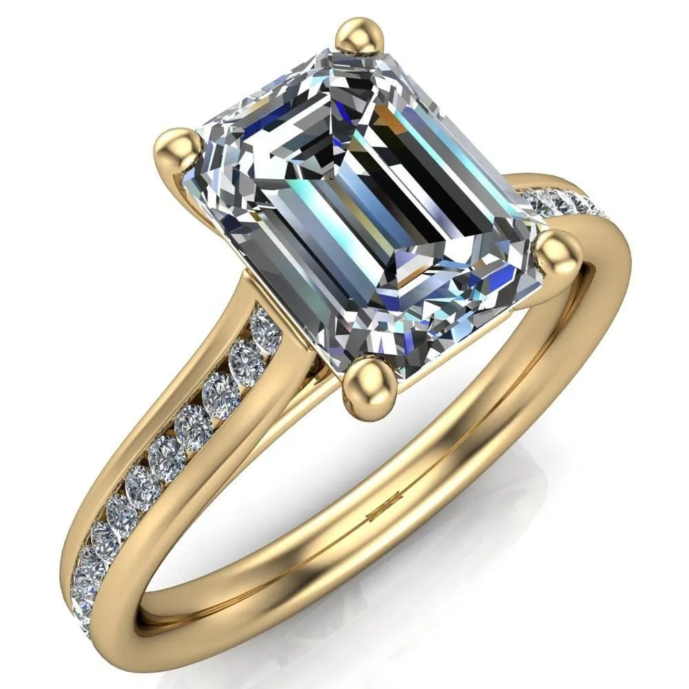 Brigitte Emerald Center Stone Diamond Channel 4 Prong Cathedral Ring