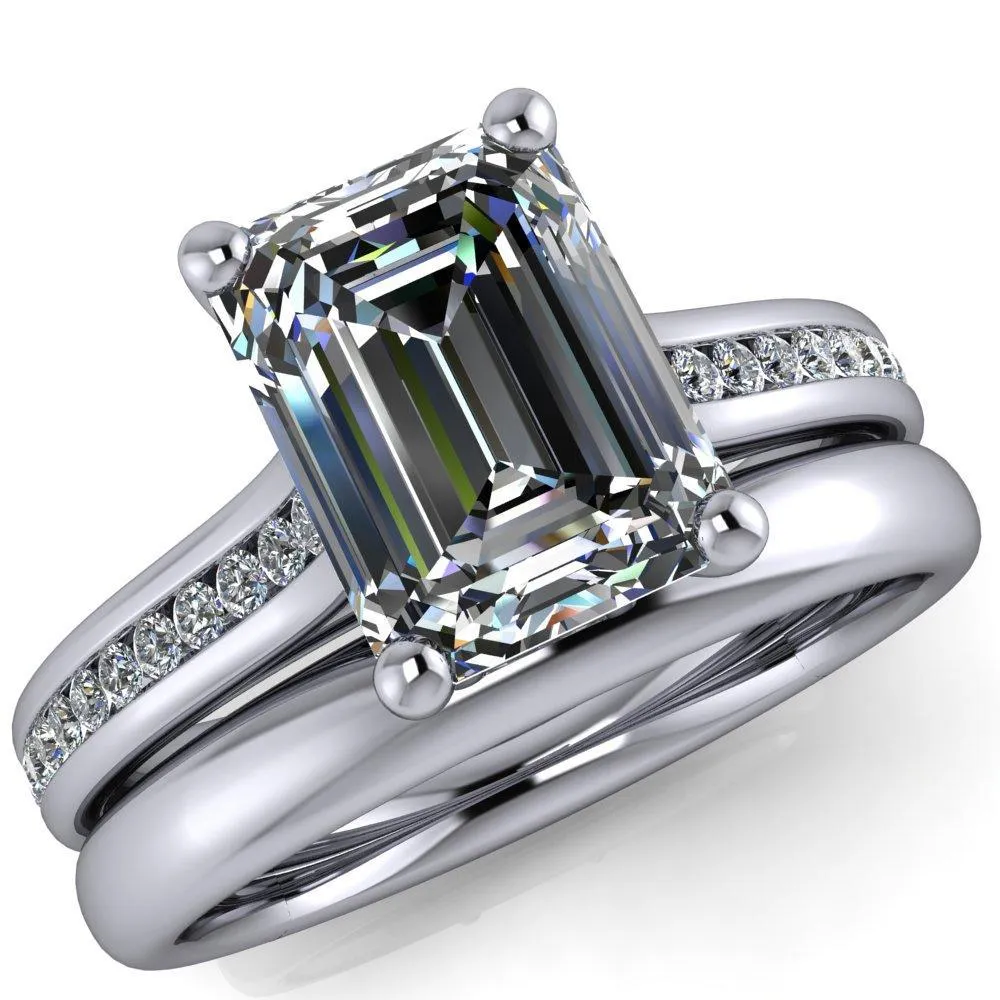 Brigitte Emerald Center Stone Diamond Channel 4 Prong Cathedral Ring