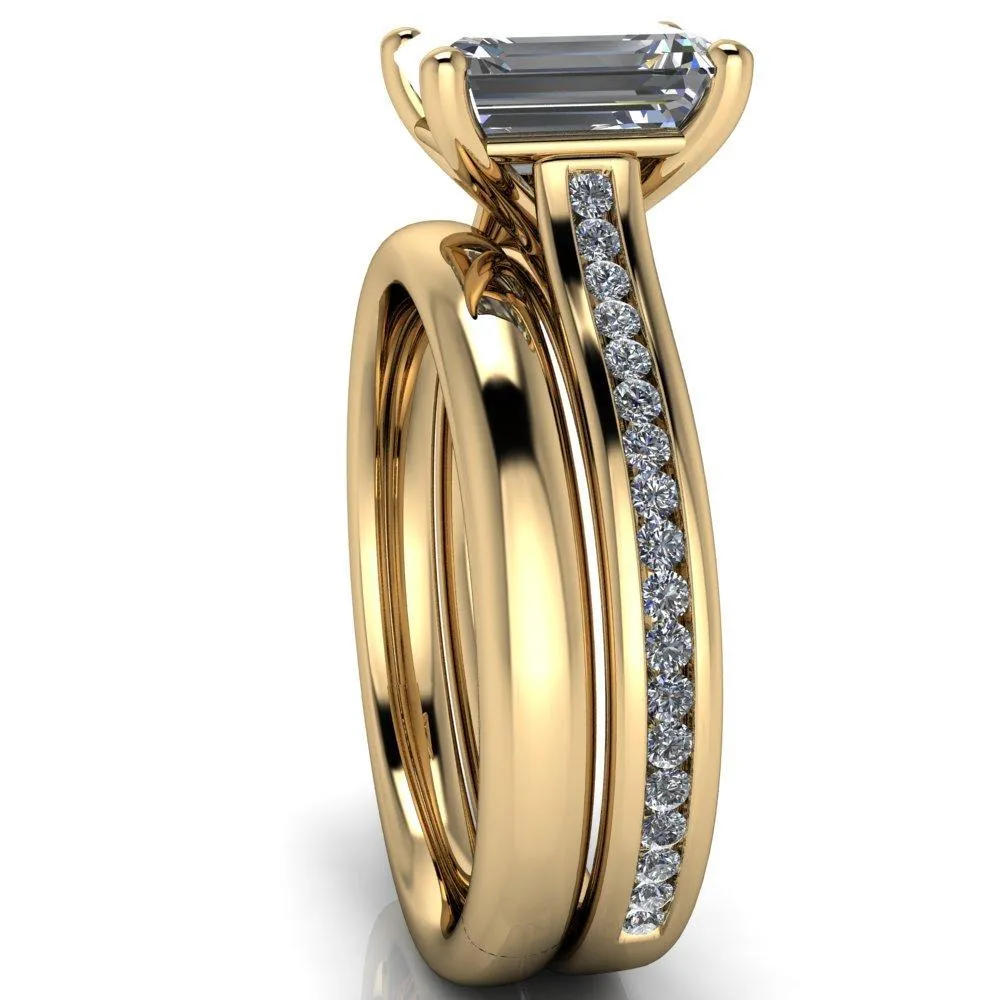 Brigitte Emerald Center Stone Diamond Channel 4 Prong Cathedral Ring